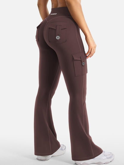 YEOREO CoreFlex Women Workout Flare Leggings with Pockets Hidden Scrunch High Waisted Cargo Gym Yoga No Front Seam Leggings Brown XL