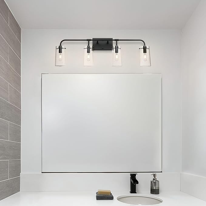 XiNBEi Lighting Bathroom Vanity Light, Industrial 4 Light Vanity Light Black Wall Light Fixture with Clear Seeded Glass Over Mirror XB-W1283-4-MB