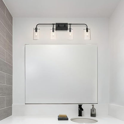 XiNBEi Lighting Bathroom Vanity Light, Industrial 4 Light Vanity Light Black Wall Light Fixture with Clear Seeded Glass Over Mirror XB-W1283-4-MB