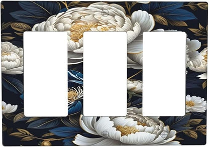 White Gold Blue Flower 3 Gang Rocker Triple Outlet Wall Plate Decorative Switchplate Cover Faceplate GFCI Light Switch Covers for Farmhouse Living Decor