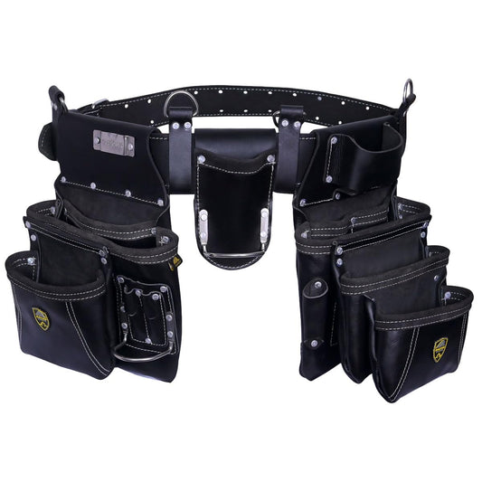 ZAKCO PRO-19 Genuine Grain Leather Multi Pockets Construction Tool Rig, Carpenter Tool Belt, 2 Leather Tool Pouches, Pro Style Tool Belt for Framers, Handyman, Drywall & Roofers (BLACK, Full Size)