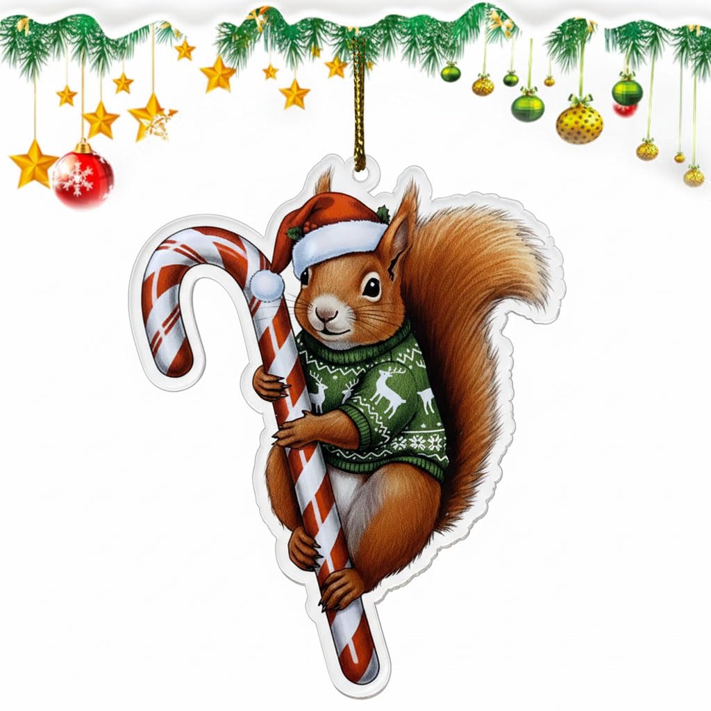 Cute Red Squirrel Hugging Candy Cane 2D Flat Acrylic Ornament - Christmas Tree Decoration, Squirrel Gifts 2025