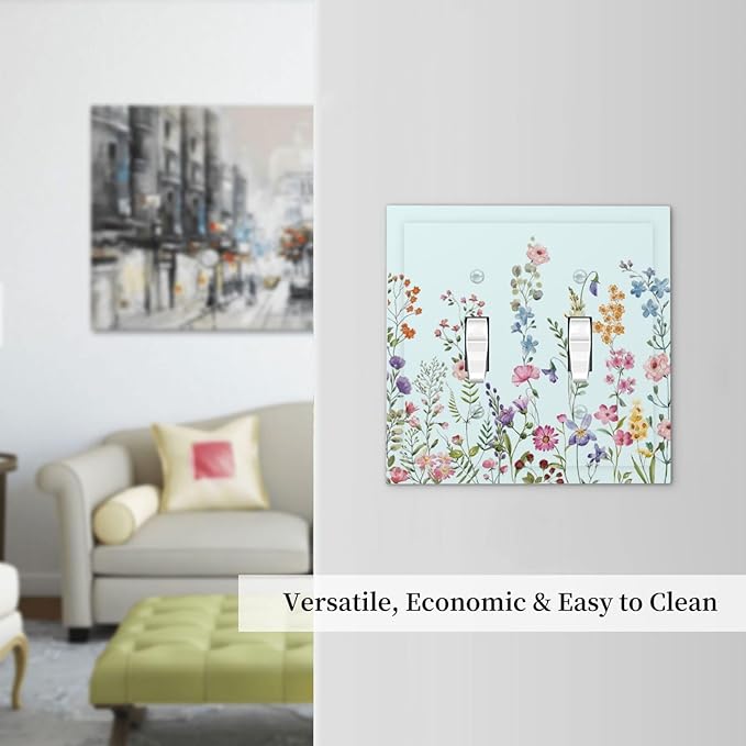 Rustic Wild Floral Vintage Blue Watercolor Flower Double Toggle Light Switch Covers Decorative Unique 2 Gang Wall Plate Dual Electrical Faceplate Switchplate for Bathroom Bedroom Decor