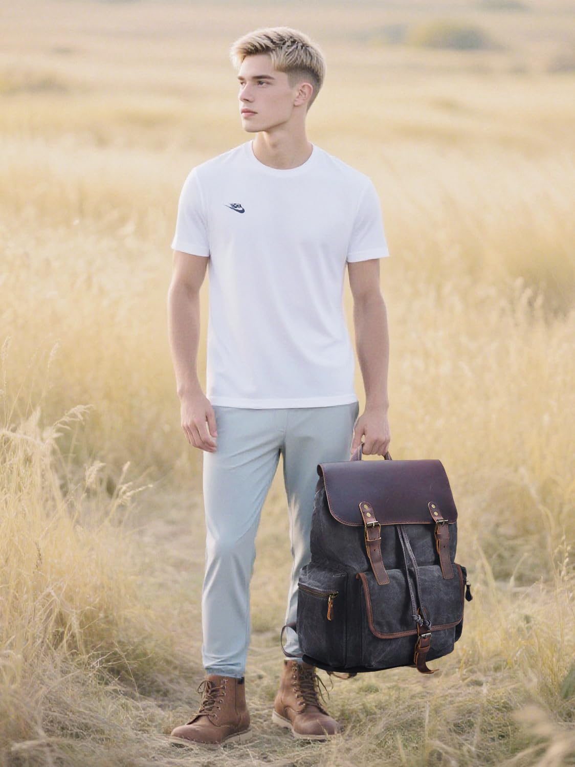 NEHOR Vintage Waxed Canvas Backpack Casual Genuine Leather Laptop Rucksack Shoulder DayPack for Travel/Hiking/School