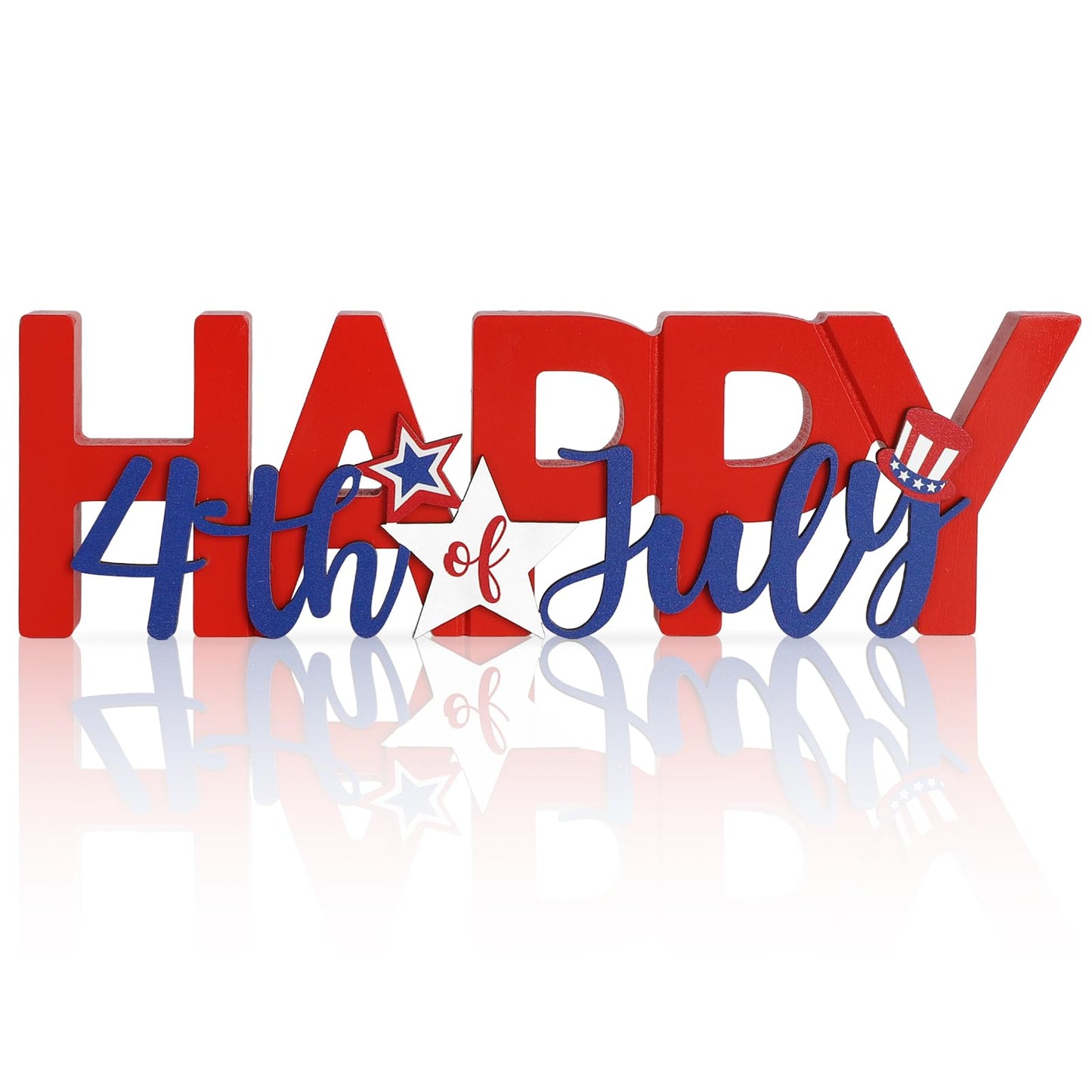 COCHIE Wooden Happy 4th of July Sign, Fourth of July Decorations for Home, Office, Shelf, Mantel, Indoor, Wood Patriotic Decor, Red Blue and White Table Top Centerpiece Party Decoration (Patriotic)