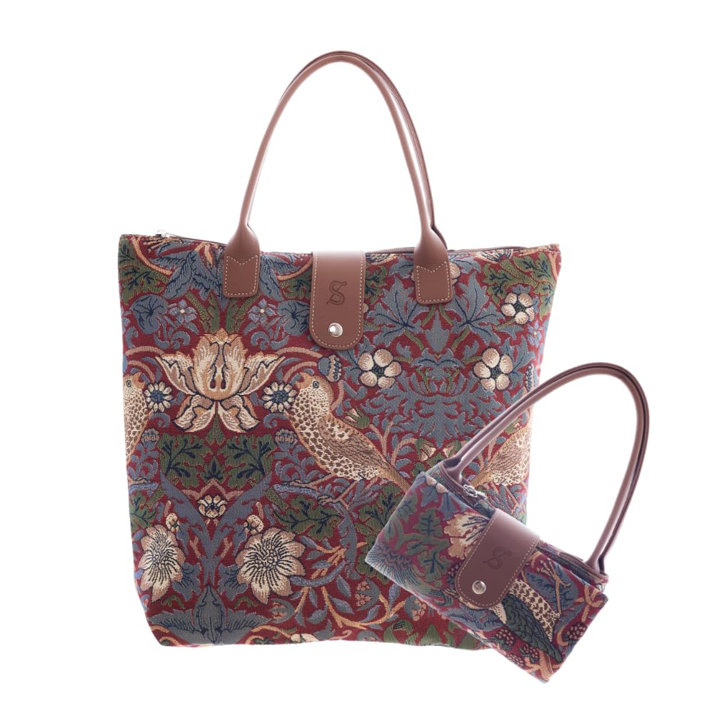 Signare Tapestry Foldable Tote Bag Reusable Shopping Bag Grocery Bag With William Morris Red Strawberry Thief Design (FDAW-STRD)