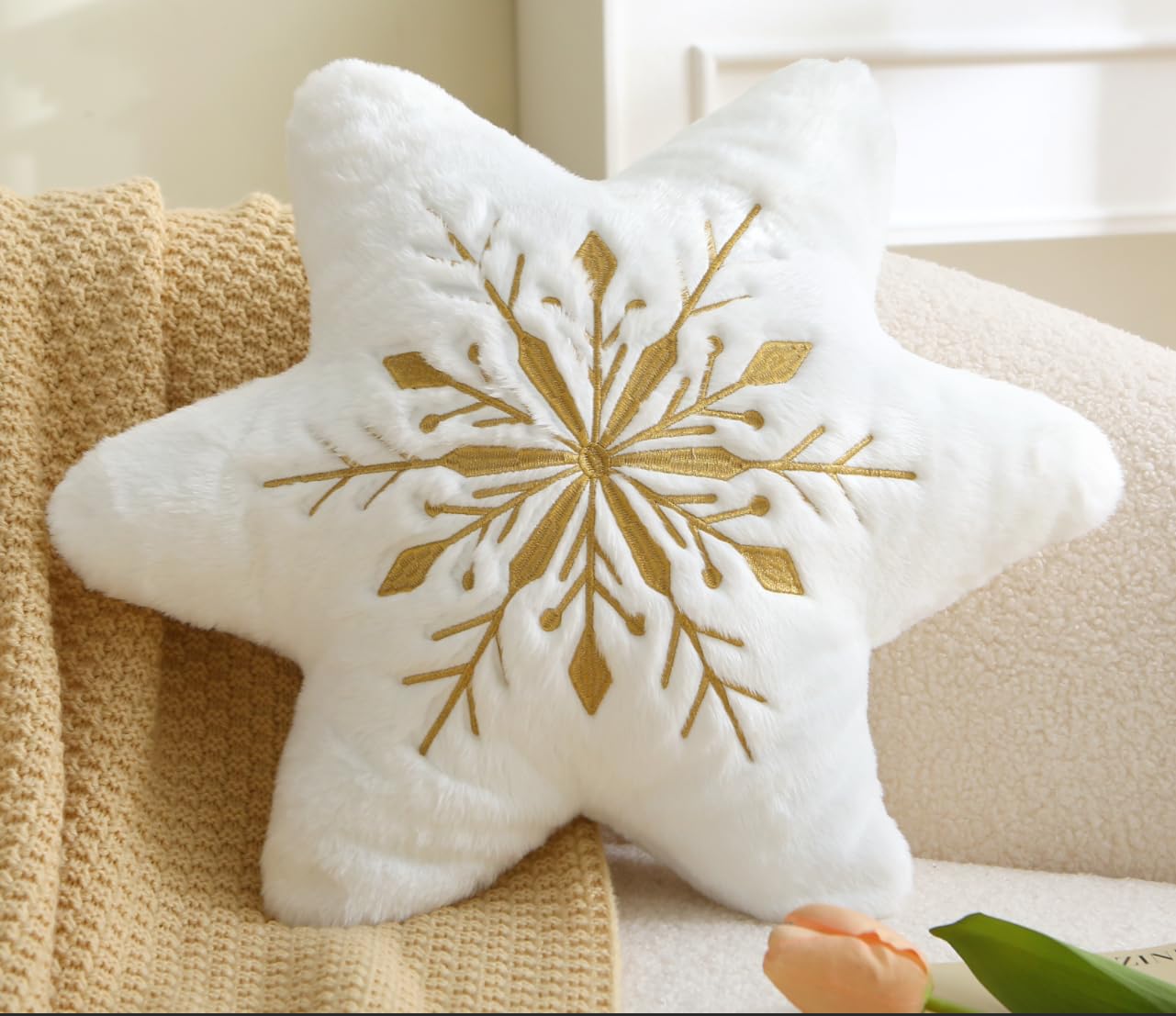Volple Snowflake Decorative Throw Pillow – White Plush Star Cushion with Gold Embroidery – Soft Winter Christmas Accent Pillow for Couch, Sofa, Bedroom & Holiday Décor