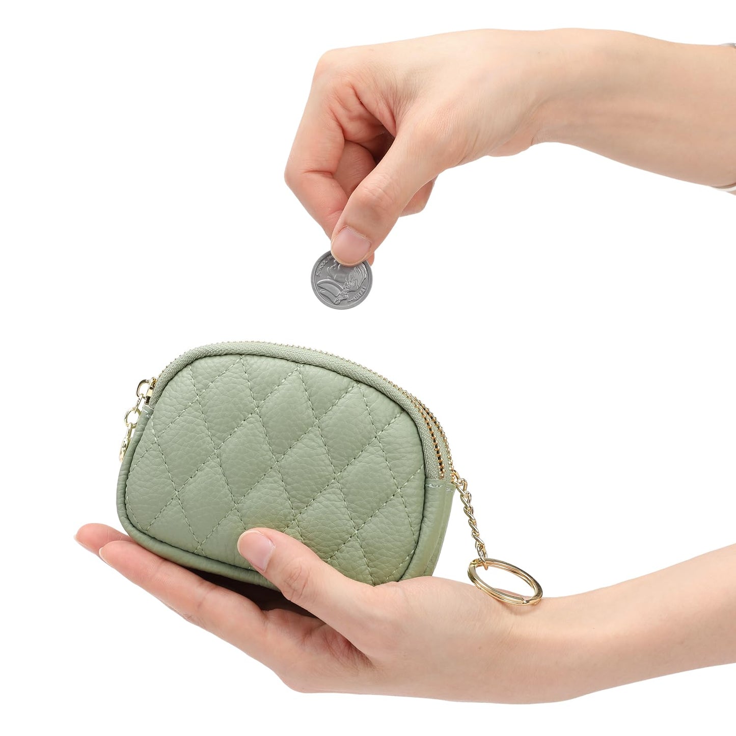 SENDEFN Women's Coin Purse Genuine Leather Wallet Small 2 Zippers Change Pouch Purse with Keychain Ring