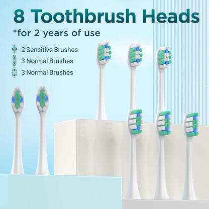 Electric Toothbrush for Adults with 8 Brush Heads, Sonic Toothbrush Rechargeable with a Holder & Travel Case, 2.5 Hours Charge for 120 Days Use - Light Blue