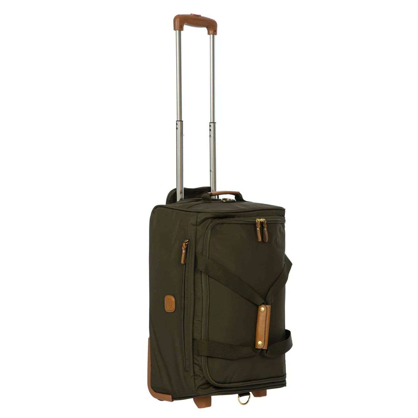 Bric’s X-Bag 21” Rolling Duffel – Water-Resistant Recycled Nylon Carry-On with Silent Wheels, Leather Details, Exterior Zipped Pocket, Garment Straps & Detachable Shoulder Strap – Olive