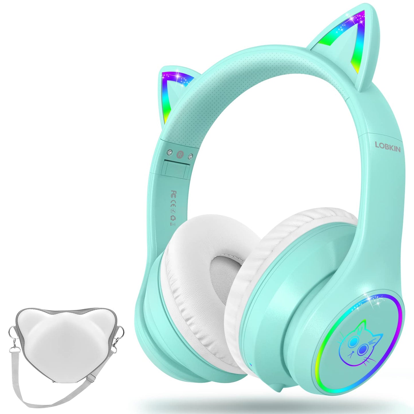 LOBKIN Bluetooth 5.4 Kids Headphones with Case - RGB LED Light Up Cat Ears Foldable Adjustable Over Ear Headphone Support Wireless or 3.5mm Wired Mode for Toddler & Girls & Boys Teens