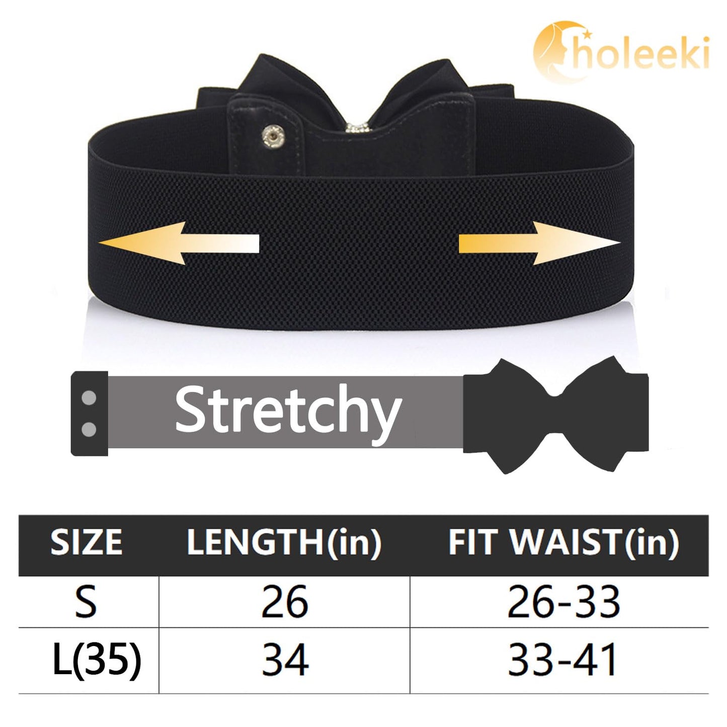 Choleeki Women's Elastic Bow Belt Wide Rhinestone Stretch Belts Ladies Waist Accessories for Dress Jeans (black, S)