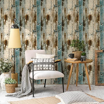 118''x17.7'' Wood Peel and Stick Wallpaper Blue Brown Wood Contact Paper Removable Self Adhesive Faux Rustic Grain Texture Vintage Reclaimed Vinyl Roll Covering