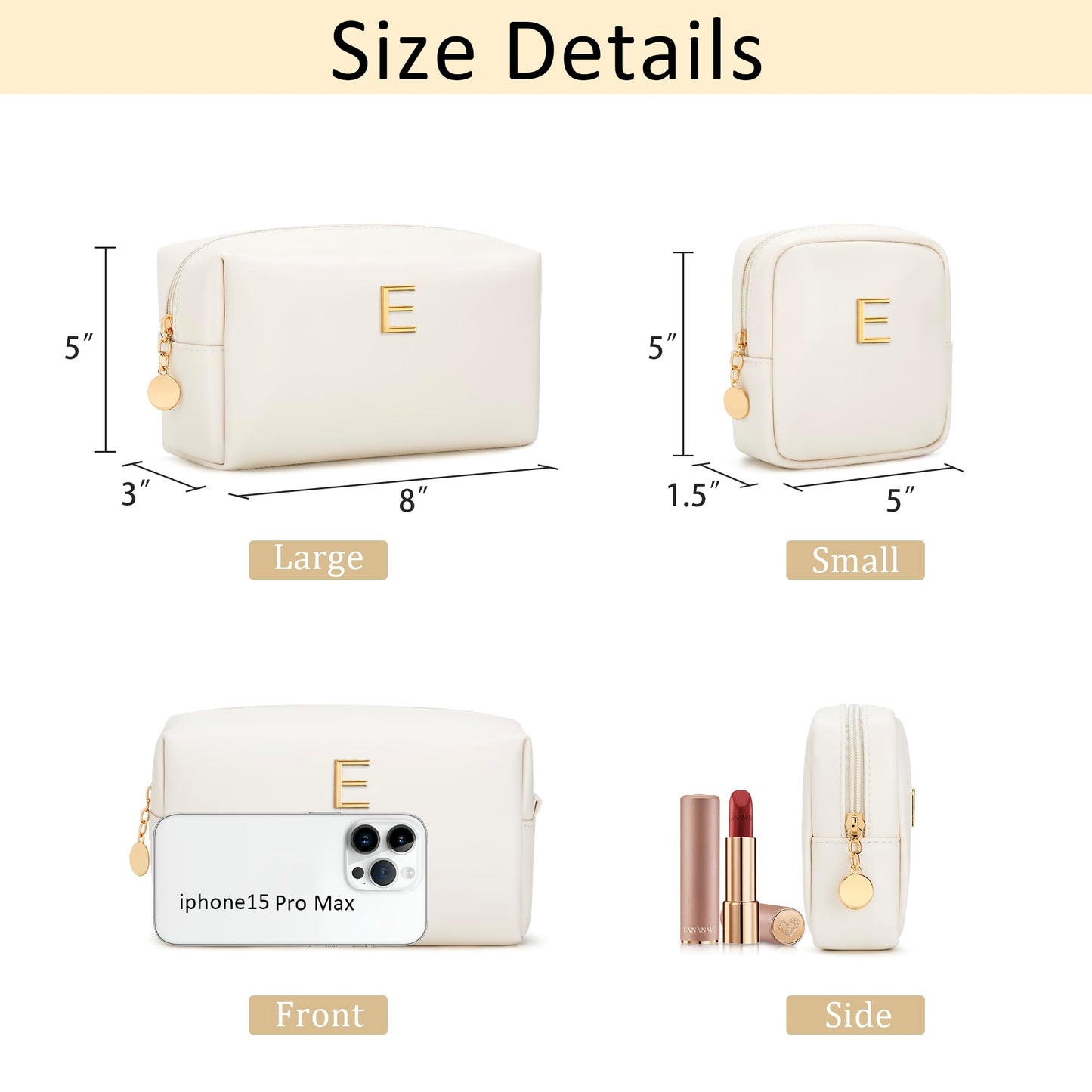 CLOUDWINGS Personalized Birthday Gifts for Women - Initial Makeup Bag Set Travel Toiletry Bag Cosmetic Bags Soft Waterproof PU Leather Makeup Pouch Travel Essentials (E, 2pcs Beige)