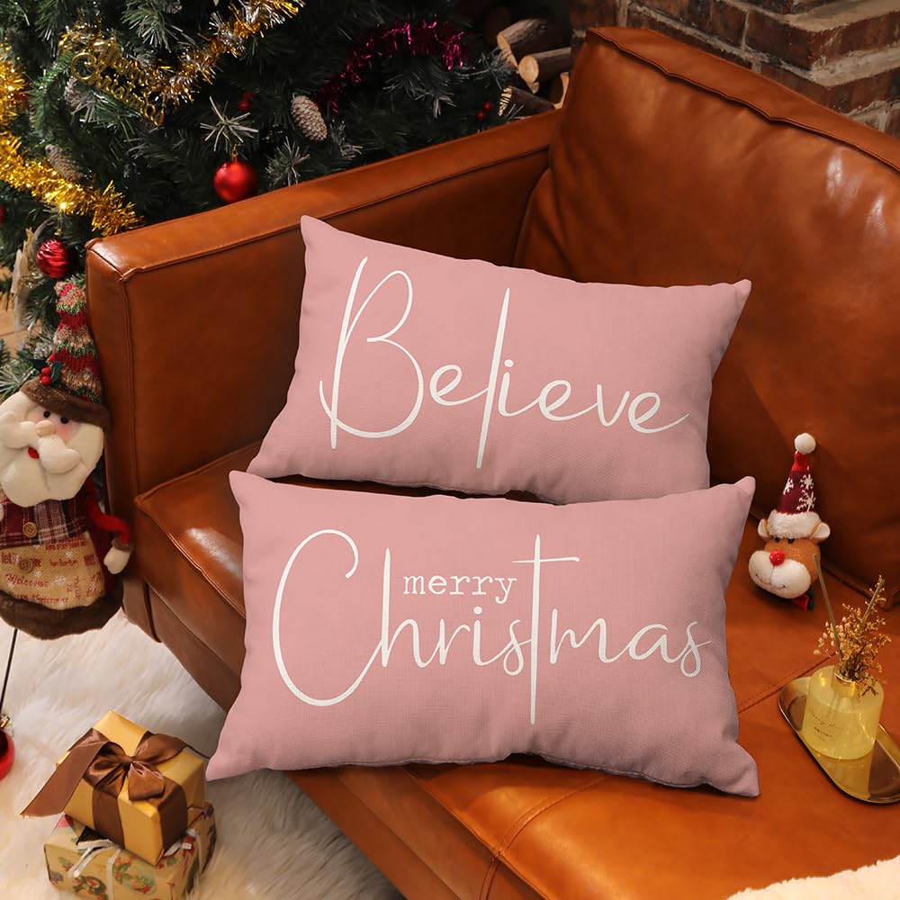 DFXSZ Christmas Throw Pillow Covers 12x20 Inch Set of 2 Merry Christmas Farmhouse Decorations Believe Holiday Decor Throw Cushion Case for Home Couch