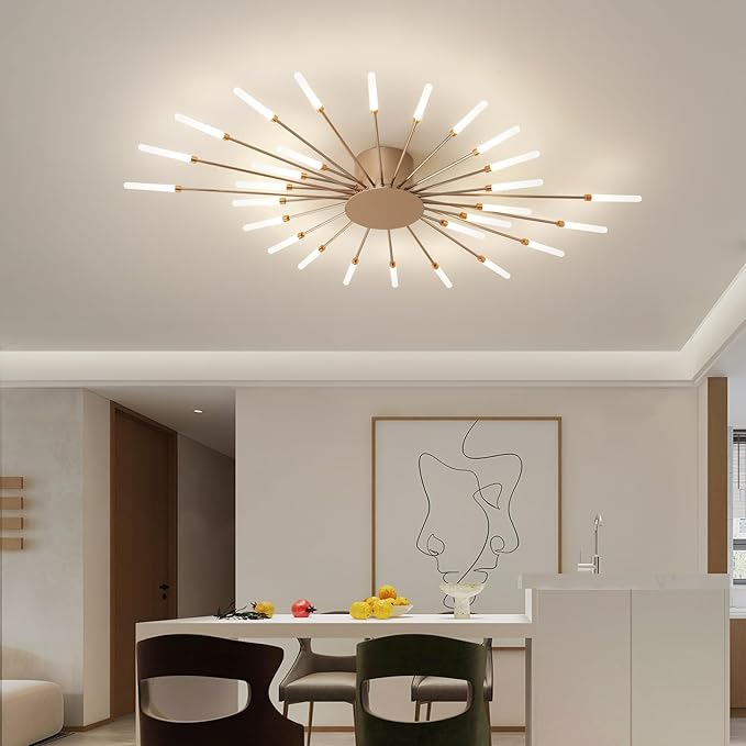 ziidoo Modern Ceiling Light, 28 Lights Metal Firework Designed Chic Led Lighting Fixture for Farmhouse Kitchen Dining Room Bedroom Hallway Living Room (Gold and Dark Gold)