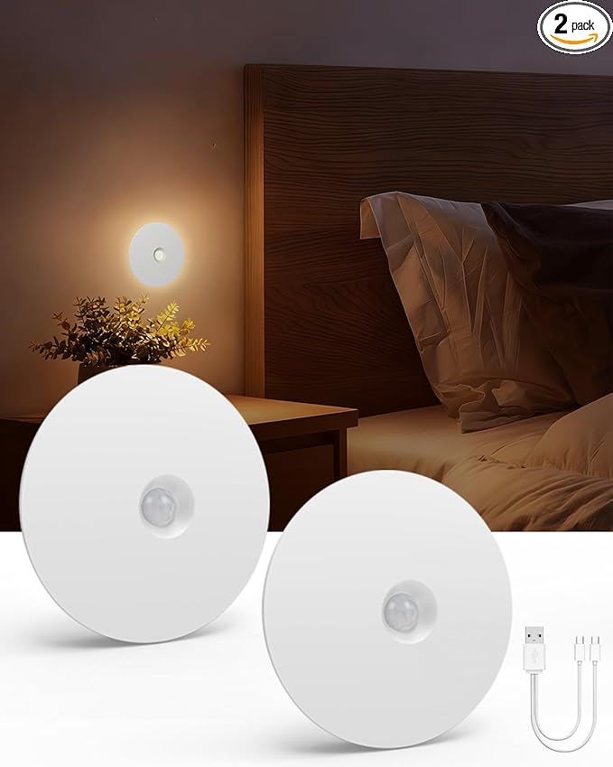 Yiliaw Motion Sensor Night Light, Rechargeable Stair Lights Indoor, Warm White with Wireless Magnetic Mount, Adjustable Brightness & 3 Color Temps for Hallway, Stairway, Bathroom, Closet (2 Pack)