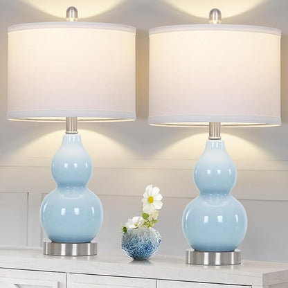 Double Gourd Ceramic Table Lamps Set of 2, Modern Blue Bedside Lamps for Night Stand, Contemporary Nightstand Lamps for Bedroom Living Room (Bulb Included)