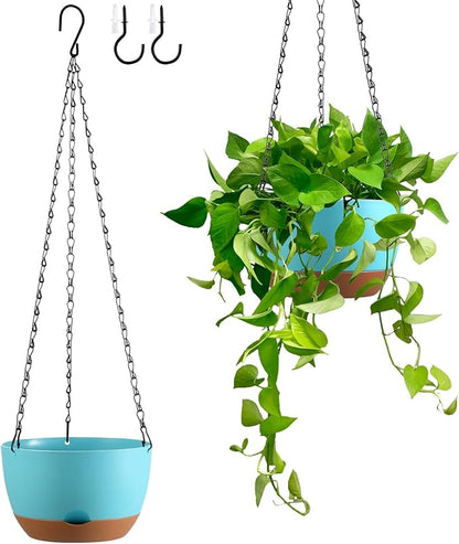 Set of 2 8 Inch Self Watering Hanging Planters for Indoor Outdoor Plants, Color Blocking Hanging Baskets Flower Pots with Drainage Hole & Removable Water-Storage Tray and 20" Chain Hanger