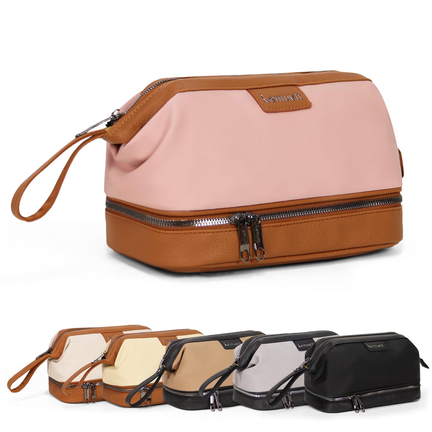Lemuvlt Double-Layer Toiletry Bag, Water-Resistant Hybrid Leather Cosmetic Organizer with Wet/Dry Compartments, 26x15x16cm (Pink, Double layer)