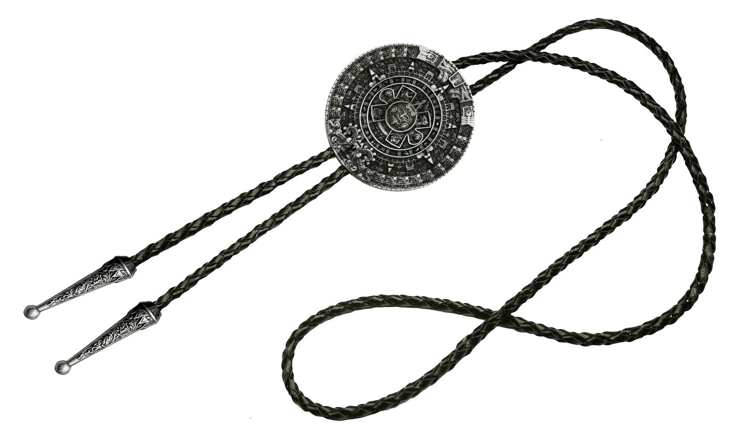 Moranse Bolo tie With Pewter Aztec Calendar Circle Design Cowboy Two Colors (Silver)