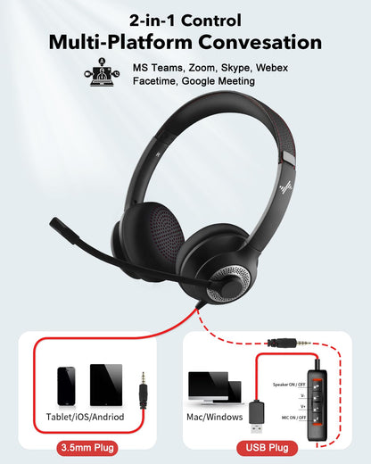 JIAMQISHI USB Headset with Microphone for PC, On-Ear Computer Laptop Headphones with Noise Cancelling Microphone in-line Control for Home Office Online Class Skype Zoom (USB+3.5mm, Black)