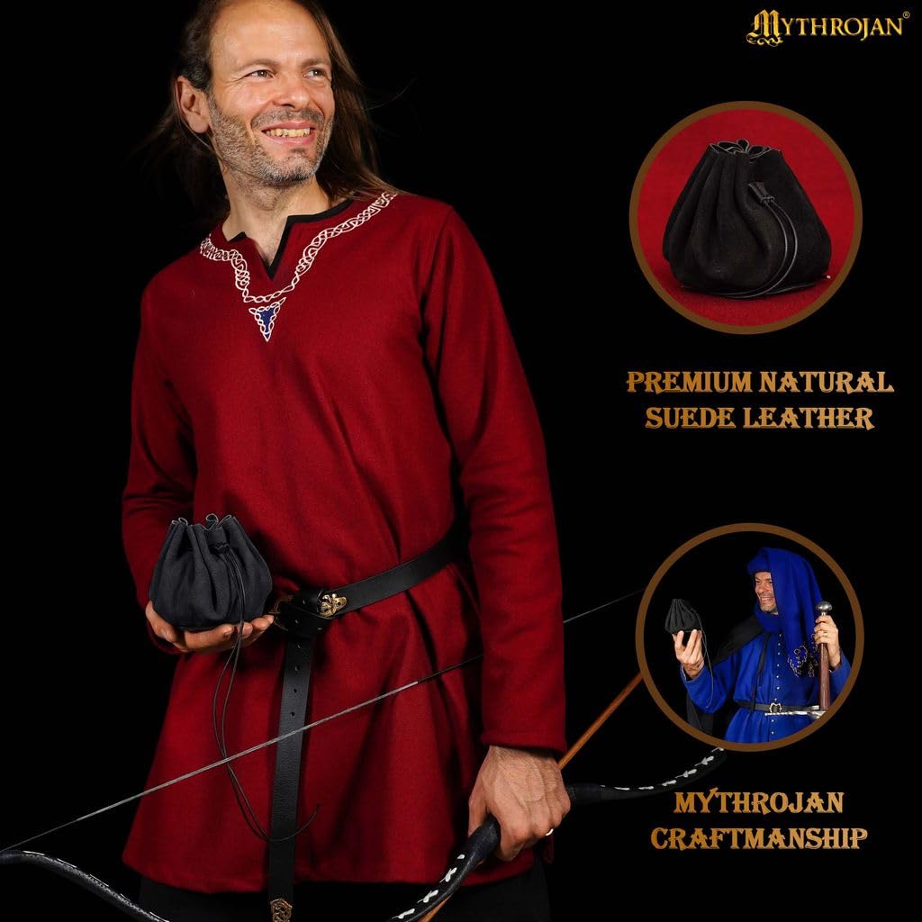 Mythrojan medieval leather pouch suede drawstring belt bag for larp, viking, renaissance cosplay, coin & jewelry waist purse (black, 3.8" x 3.8")