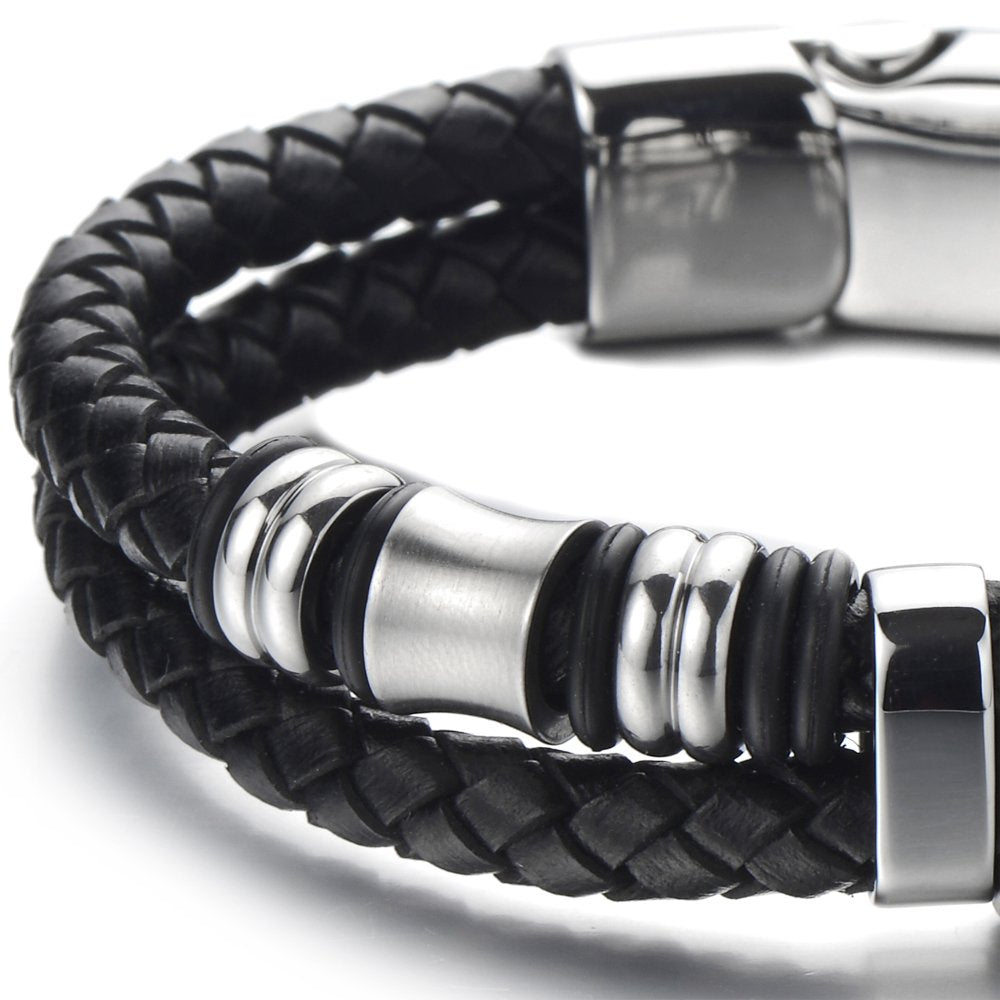 COOLSTEELANDBEYOND Men's Black Double Braided Leather Bracelet With Stainless Steel Barrel Beads, Layered Wristband With Clasp, Modern Minimalist Wrist Jewelry