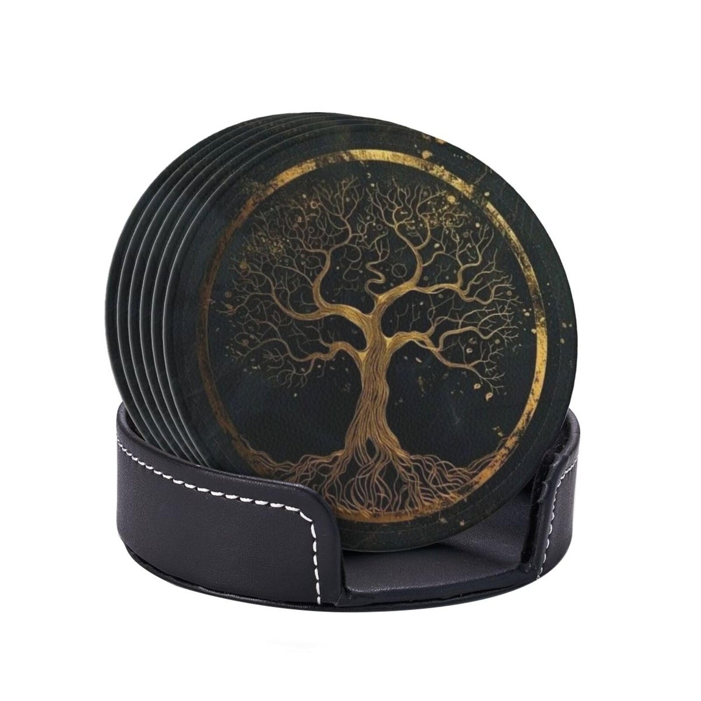 BOXIMIAO Drink Coasters with Holder Stand Set of 6, Marble Gold Tree of Life Pu Leather Absorbent Coasters with Cork Base Table Round Coaster for Housewarming Apartment Kitchen Bar Decor