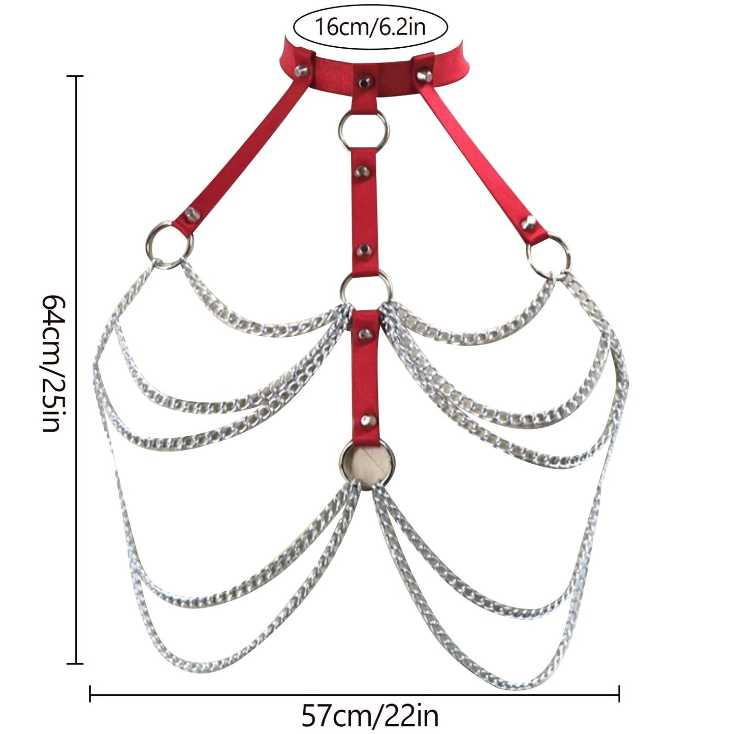 Adjustable Gothic Chest Chain for Women, Punk Faux Leather Body Chain Harness Waist Belt, Alternative Body Waist Chain Belly Bra Body Chain for Women (Red Chest Band)