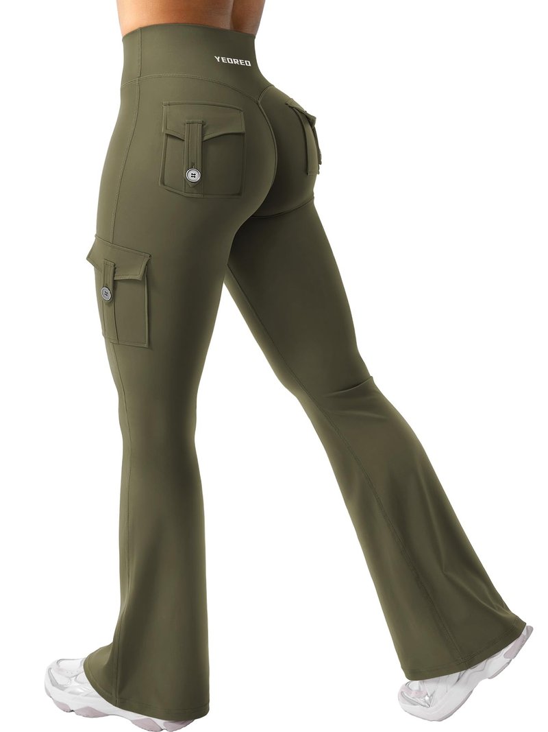 YEOREO CoreFlex Women Workout Flare Leggings with Pockets Hidden Scrunch High Waisted Cargo Gym Yoga Leggings Army Green XL