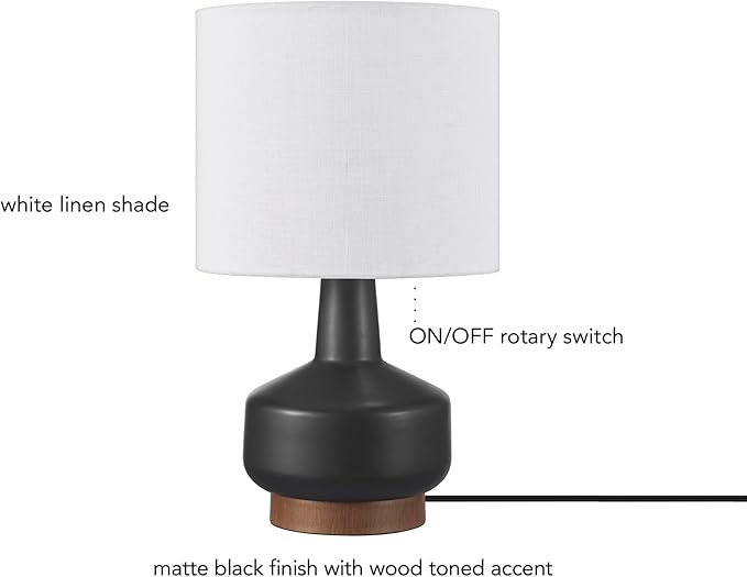 GLOBE Electric 61000046 15" Ceramic Table Lamp, Matte Black, Wood Toned Base, White Linen Shade, Dual Rotary Switch on Socket, Modern Lighting for Bedroom or Office, Home Décor, Lights for Nightstand