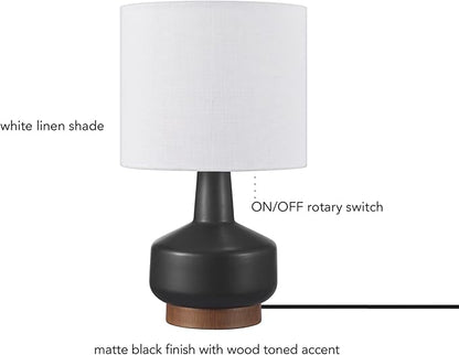 GLOBE Electric 61000046 15" Ceramic Table Lamp, Matte Black, Wood Toned Base, White Linen Shade, Dual Rotary Switch on Socket, Modern Lighting for Bedroom or Office, Home Décor, Lights for Nightstand