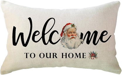 Christmas Welcome Throw Pillow Covers 12 x 20 Inch Farmhouse Seasonal Holiday Decorative Lumbar Pillowcases with Santa Claus Design Cushion Covers for Front Porch Decor (Red/White)