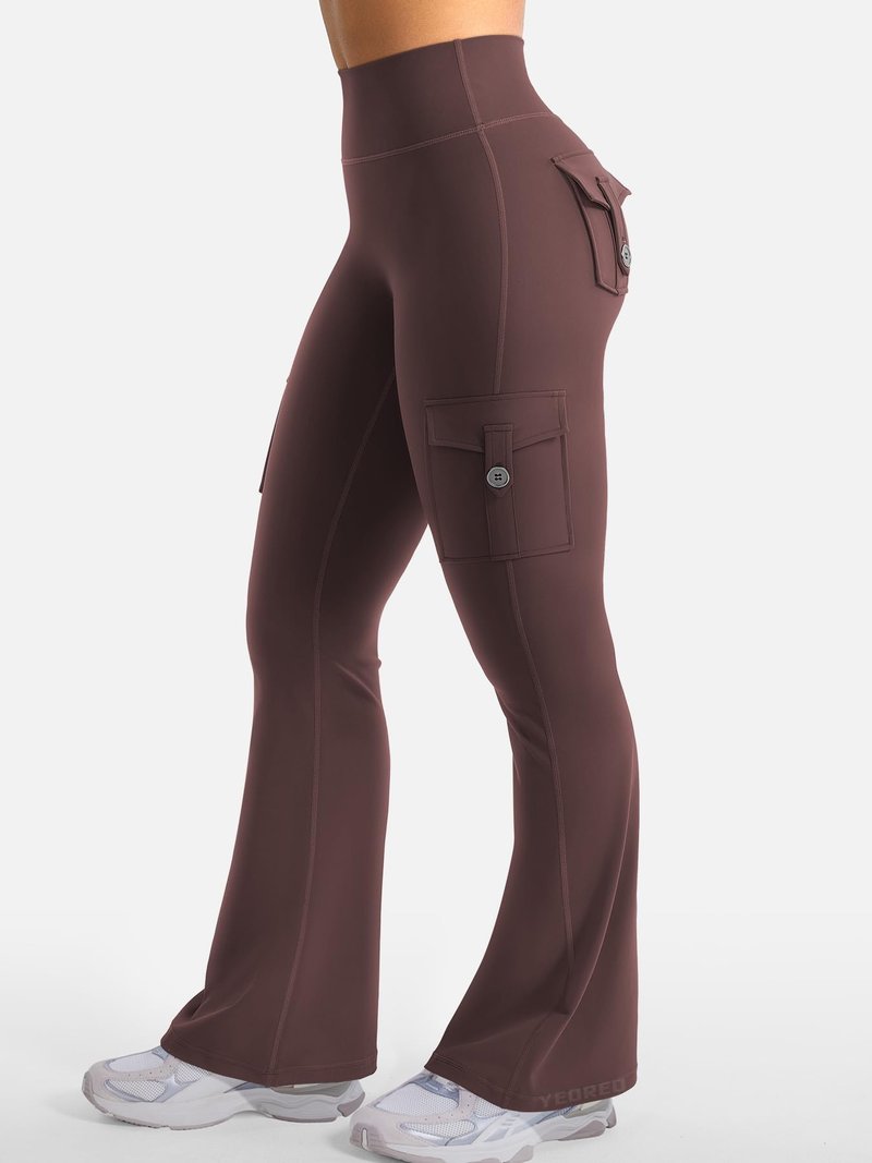 YEOREO CoreFlex Women Workout Flare Leggings with Pockets Hidden Scrunch High Waisted Cargo Gym Yoga No Front Seam Leggings Brown XL