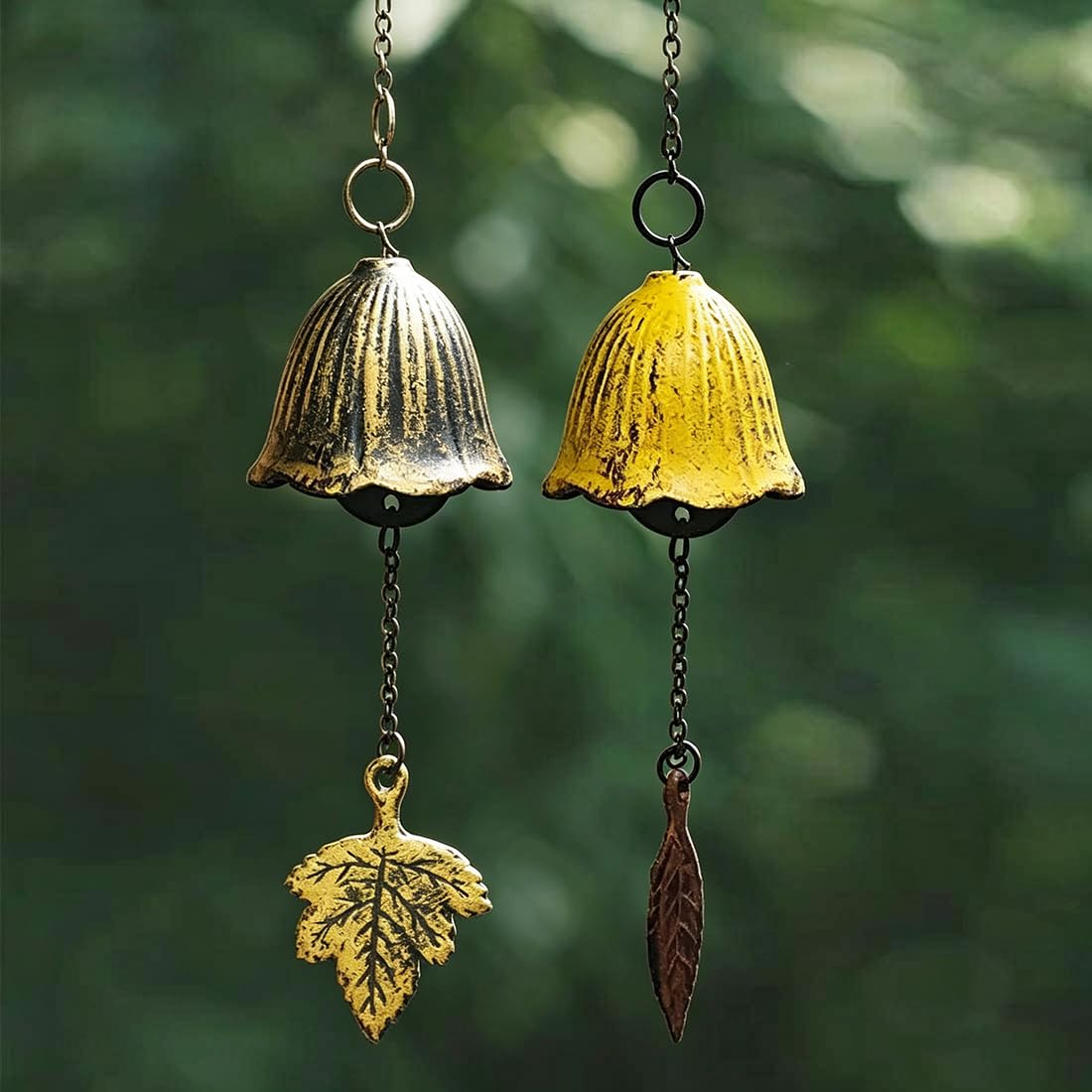 Set of 2, Japanese Traditional Lucky Small Wind Chimes for Outside, Iwachu Cast Iron Bless Temple Wind Bell Memorial and Sympathy Leaf Wind Chimes Indoor Garden Bell, Patio (Maple Leaf and Yellow Leaf