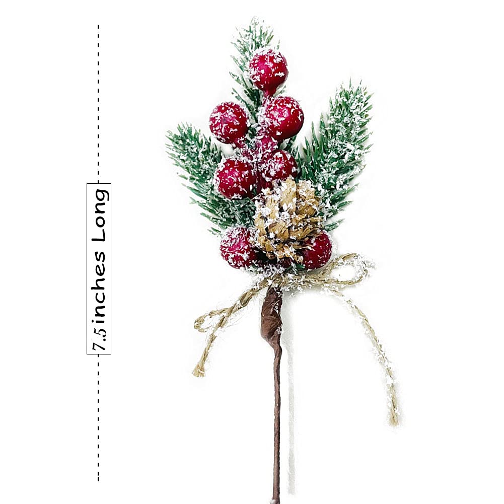 Christmas Berries Red Stems Evergreen Pine Branches 8pcs Christmas Picks Spray Artificial Pine Cones Holly Stem Craft Winter Holiday Floral Picks for Decoration DIY Xmas Garland Wreath Ornaments