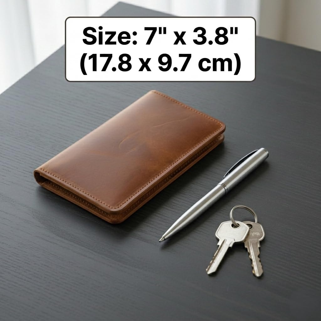 TORAKIP Leather Checkbook Cover – Slim Genuine Leather Checkbook Holder with Zipper Pocket, Checkbook Wallet Organizer for Men & Women, 7" x 3.8", Warm Brown