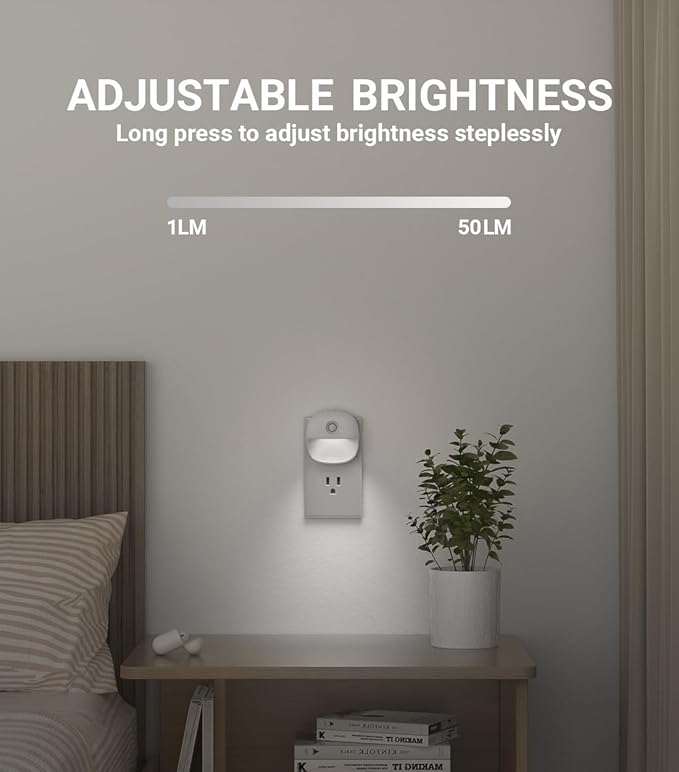 Lyridz Plug in Night Light with Motion Sensor and Dusk to Dawn Sensor, Dimmable Cool White Nightlight with 1-50lm Adjustable Brightness for Bedroom, Bathroom, Stairs, Hallway, 4 Pack