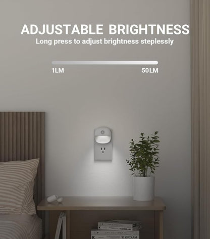 Lyridz Plug in Night Light with Motion Sensor and Dusk to Dawn Sensor, Dimmable Cool White Nightlight with 1-50lm Adjustable Brightness for Bedroom, Bathroom, Stairs, Hallway, 4 Pack
