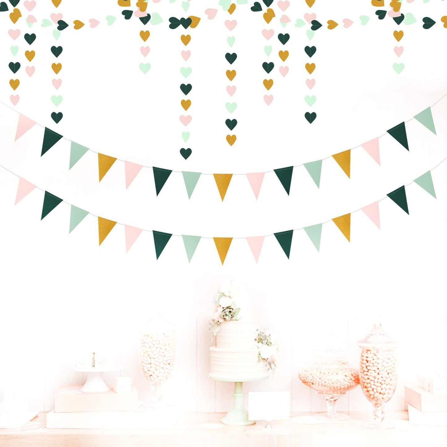Sage-Green Mint Pink-Gold Love-Heart Garland - 52Ft Rustic Wedding Hanging Decoration Streamers Banner,Valentines Mothers Day Bachelorette Bridal Shower Engagement Party Bunting Lasting Surprise