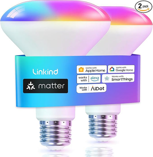 Linkind Matter Smart Light Bulb, BR30 Smart Bulbs, Recessed LED Color Changing Light Bulbs RGBTW, E26 Smart Flood Light Bulbs 650LM 60W Work with Alexa, Apple Home, Google Home, SmartThings, 2Pack