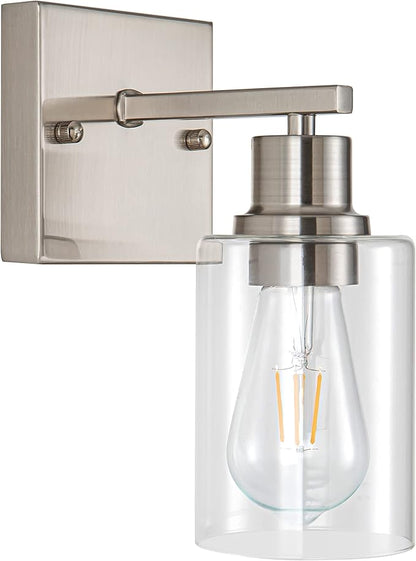 EMONG Brushed Nickel Bathroom Light Fixtures, 1-Light Vanity Lights with Clear Glass Shade, Wall Sconces for Hallway, Farmhouse, Living Room, Kitchen
