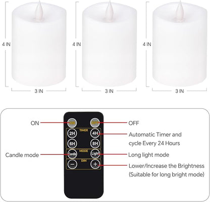 3x4 Flickering Flameless Candles Set of 3,Real Wax Pillar LED Battery Candles,with Timer,4 inch Flameless Candles with Remote,for Holiday Home Decor,White