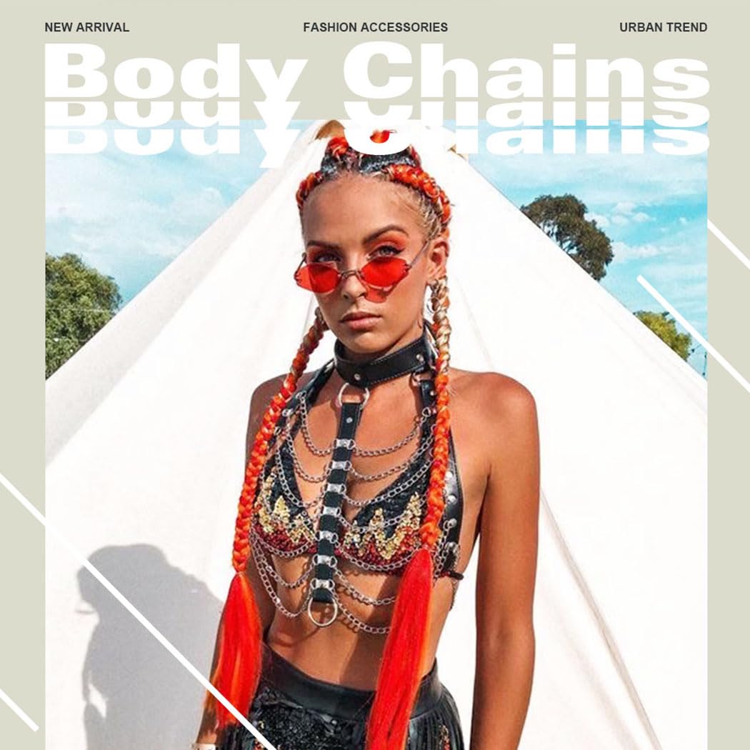 Zoestar Leather Chest Harness Chain Belt Black Fashion Rave Body Accessories for Women