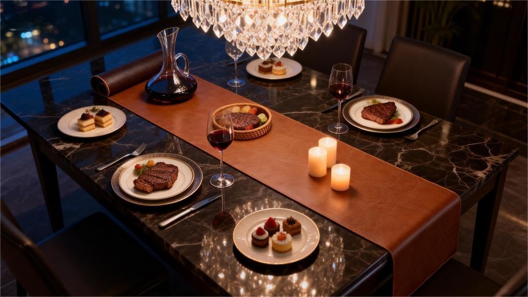 Double-Sided Faux Leather Table Runner, Brown & Coffee Reversible, Waterproof Heat Resistant Non-Slip Wipeable Oil-Proof Tablecloth, for Dining/Coffee/TV Stand/Dresser 13x72 inch