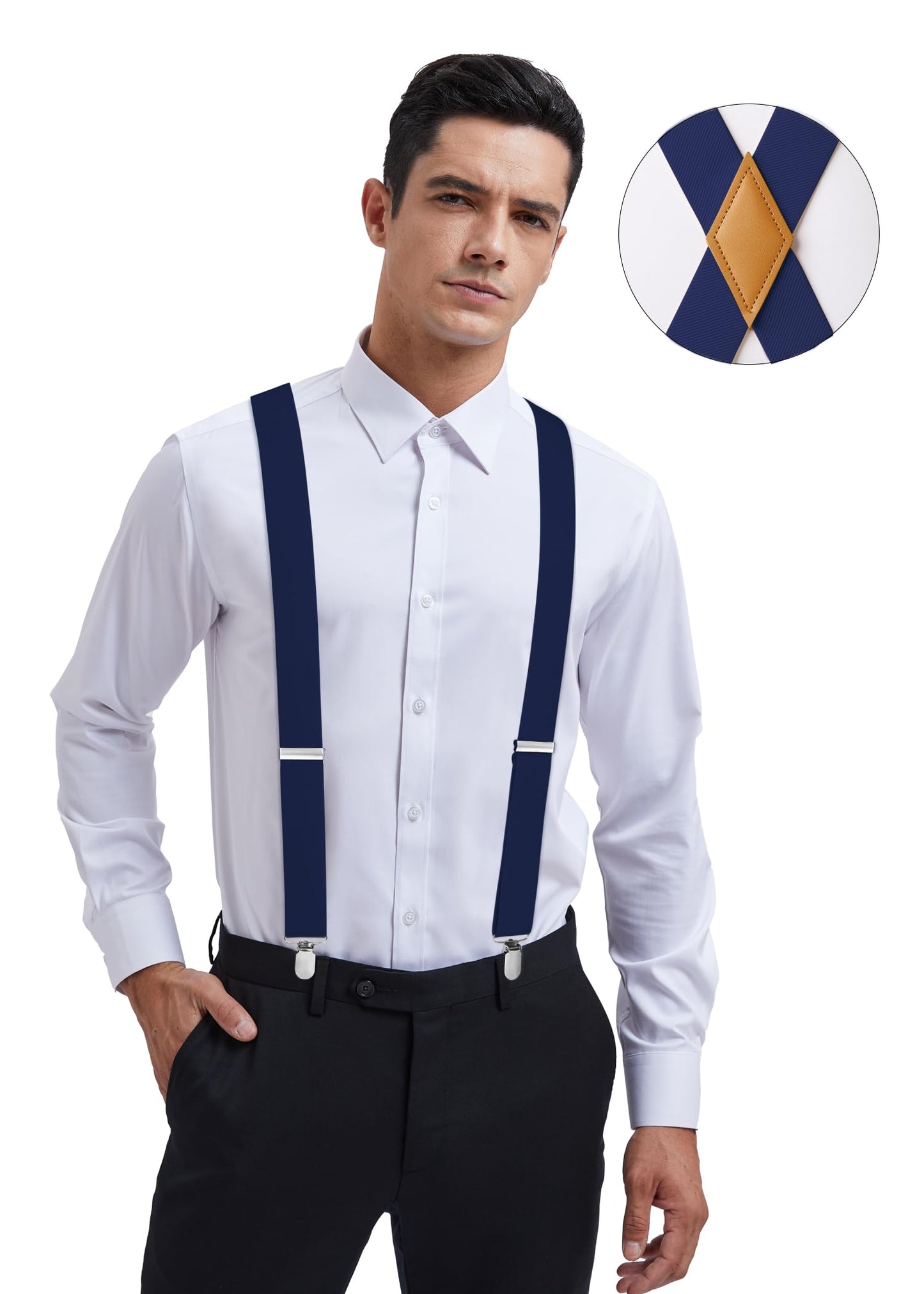 HISDERN Suspenders for Men Navy Mens Suspenders Blue Adjustable Elastic Suspender Braces Heavy Duty Clips X-Back 1.4 Inch Work Trousers
