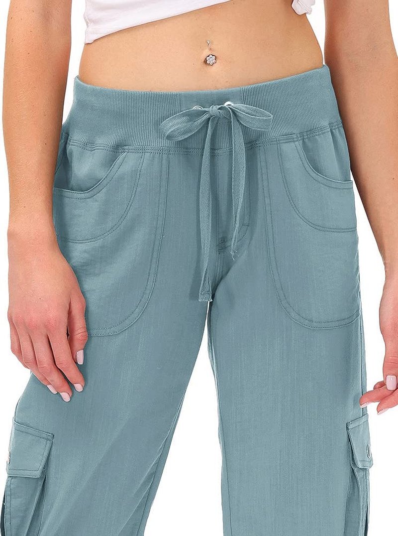 MoFiz Womens Capris with Pockets Loose Fit Casual Capri Pants Dressy Lightweight Ladies Baggy Cargo Pants for Hiking Grey Blue