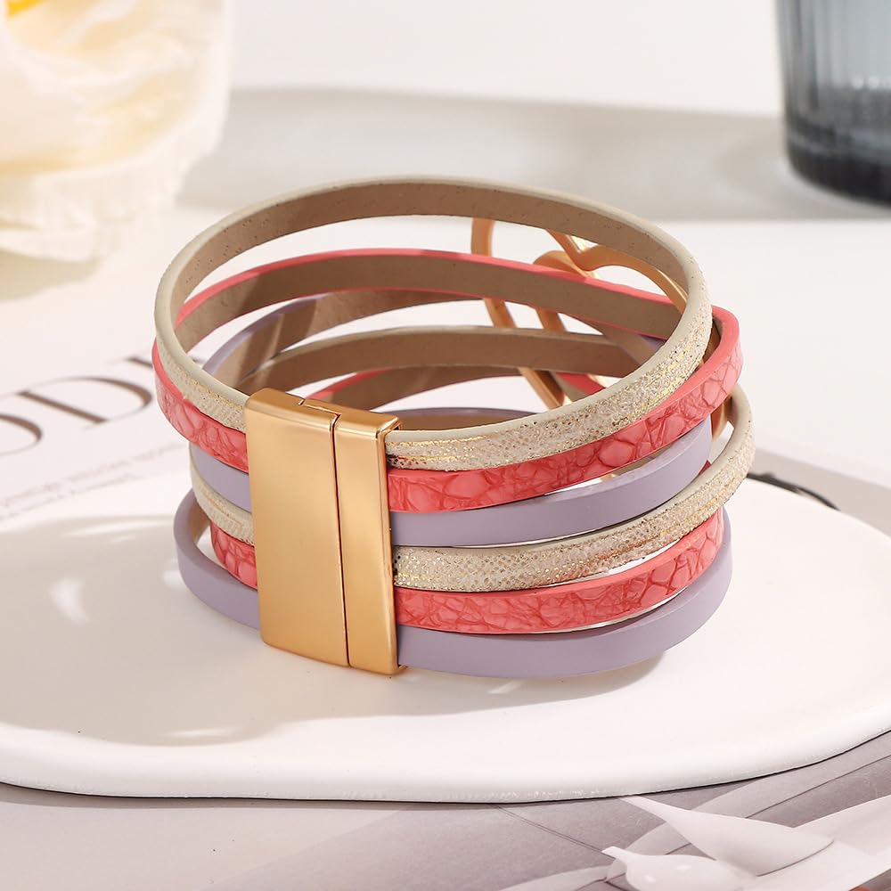 Boho PU Leather Wrap Bracelets for Women Bohemian Heart Multi-Layer Bangle Bracelets Jewelry Gift for Women- Black