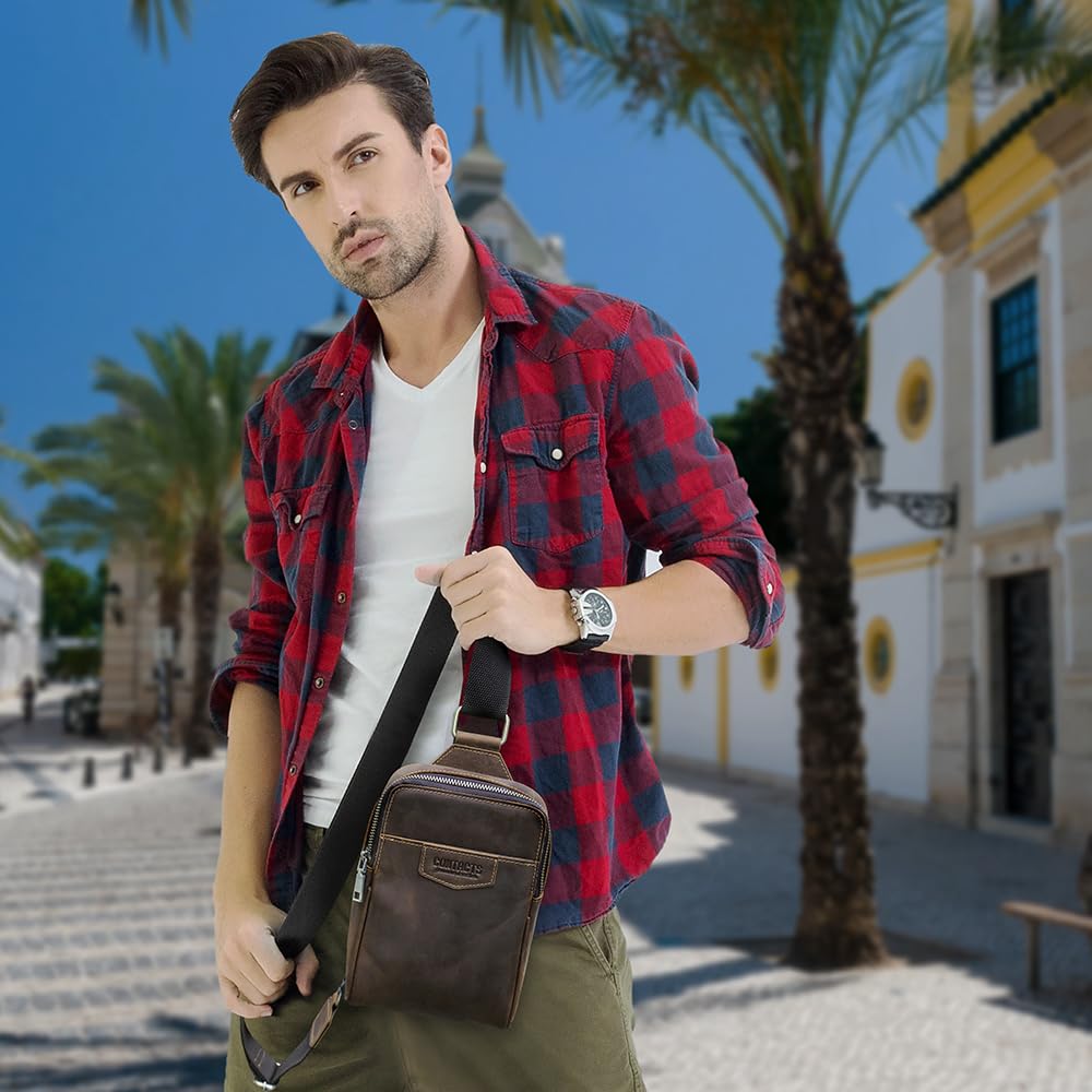 CONTACTS Full Grain Leather Sling Bag for Men Small Crossbody Chest Bag Casual Shoulder Daypack Travel Phone Purse Side Bag